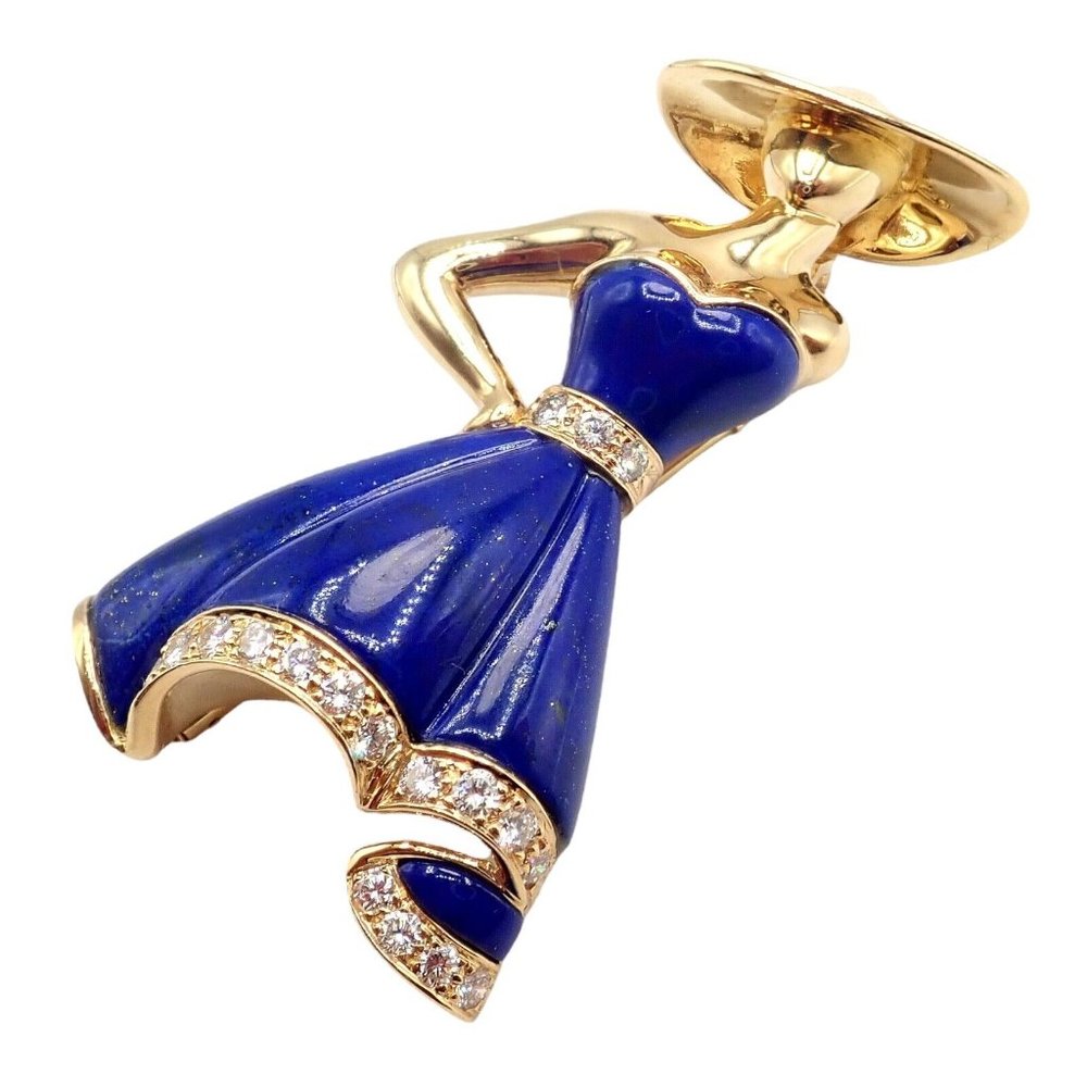 Authentic! Christian Dior 18k Yellow Gold Diamond Lapis Lady Dior Brooch Pendant - Picture 9 of 12